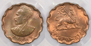 Ethiopia 1943~44 EE 1936 25 Cents Lion animal PCGS MS 64RB rare condition KM-35