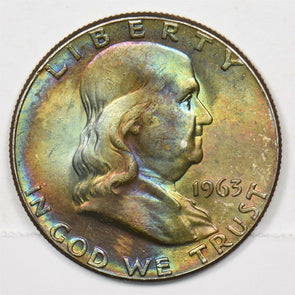 1963 Franklin Half Dollar 90% silver MS +++ color. Rainbow toning MS +++ U0220