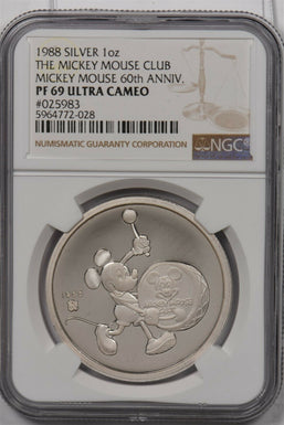1988 silver NGC PF 69UC The Mickey Mouse Club Mickey Mouse 60th Anniversary 1O
