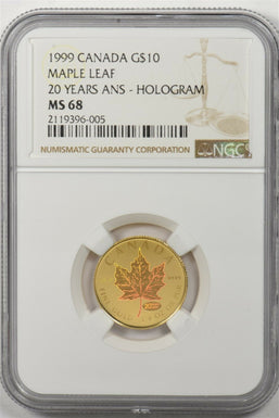 Canada 1999 10 Dollars gold NGC MS68 0.25oz gold. Maple leaf 20 years ans hologr