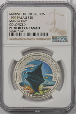 Palau 1999 5 Dollars silver NGC Proof 70UC Marine Life Protection Manta Ray Colo