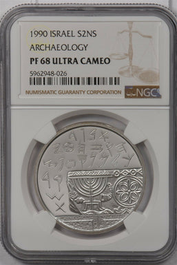 Israel 1990 2 New Sheqalim silver NGC Proof 68UC Archaeology NG1488 combine ship