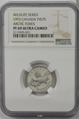 Canada 1993 75 Dollars platinum Arctic fox animal NGC Proof 69 Ultra Cameo 0.25o