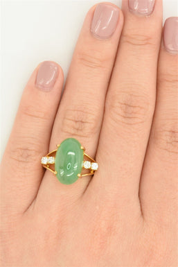18K Gold Natural Jadeite Jadeite Cabochon Ring 5.83g Diamond TCW 0.2ct Size 4.5