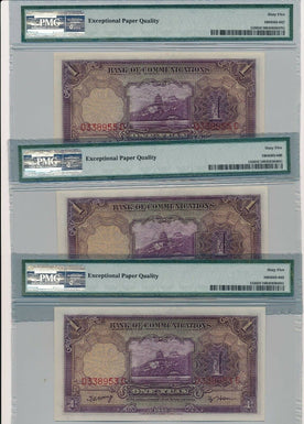 China 1935 bank of communications 1 Yuan Pick #153 PMG 65EPQ 3 consecutive notes