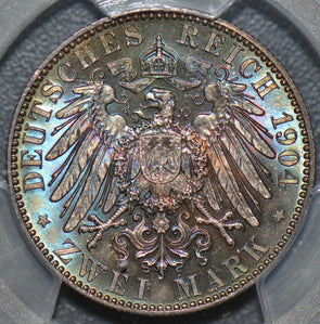 PCGS MS66 1904 Saxony Death germany 2 Mark green/blue/purple toning PC0006