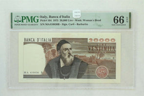 Italy 1975 20000 Lire PMG Gem UNC 66EPQ Banca d'Italia. Pick # 104 Wmk: Woman's