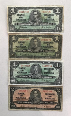 Canada 1937series Dollar & 2 Dollars Lot of 4 3-$1 circ to FVF,1-$2 VG-F RC0350