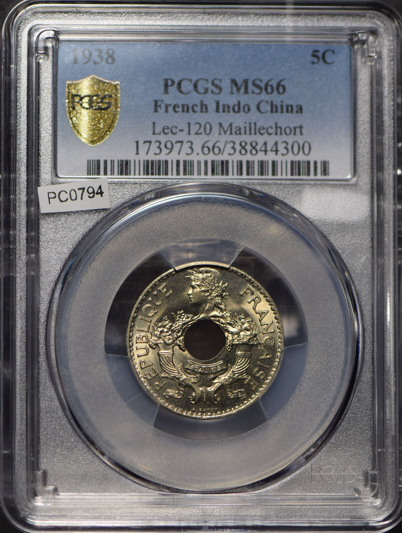 French Indo China 1938 5 Cents PCGS MS66 PC0794* combine shipping<br/><br/>Multi