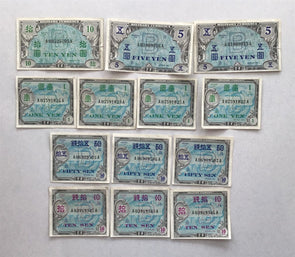 Japan 1940 's 10 Sen to 10 Yen Lot of 14. Assorted military payment certificates
