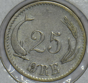 Denmark 1874 Christian IX 25 Ore Dolphin animal Silver 290952 combine shipping