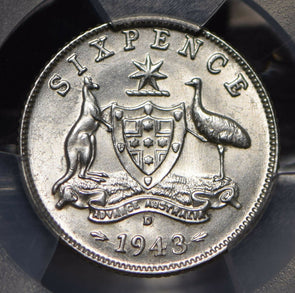 Australia 1943 6 Pence Kangaroo animal Emu PCGS MS63 PC0792* combine shipping<br