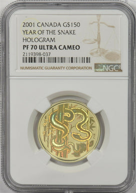 Canada 2001 150 Dollars gold Snake animal NGC Proof 70 Ultra Cameo 0.285oz gold.