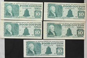 US 1987 -98 USDA $10 Food Coupons XF to AU-UNC Lot of 11 w/booklet tabs RC0710 c