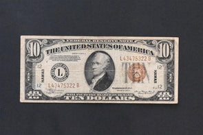 US 1934 A $10 FINE Federal Reserve Notes Hawaii Overprint RC0703 combine shippin