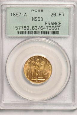 France 1897 A 20 Francs gold PCGS MS63 AGW 0.1867oz PC1180 combine shipping