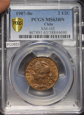 Chile 1907 So 2 1/2 Centavos PCGS MS63BN lustrous KM-162 PC0553 combine shipping