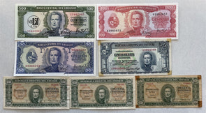 Uruguay 1939 ~1975 50 Centavos thru 500 Pesos Lot of 7 notes VF to CH CU BL0107