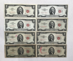 All 1953~53 C 2 Dollars Lot of 8 red seal US notes 4-well circulated, 4 nice cir