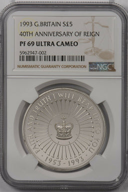 Great Britain 1993 5 Pound silver NGC Proof 69UC 40th Anniversary of Reign NG140