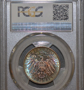 PCGS MS66 1904 Saxony Death germany 2 Mark green/blue/purple toning PC0006
