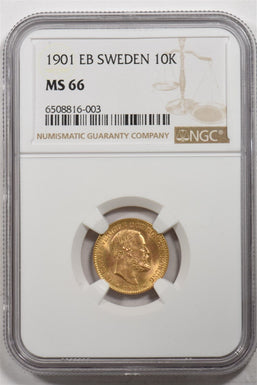 1901 Gold Oscar II EB Sweden 10K NGC MS66 NG1745
