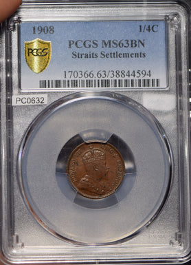 Straits Settlements 1908 1/4 Cents PCGS MS63BN PC0632 combine shipping