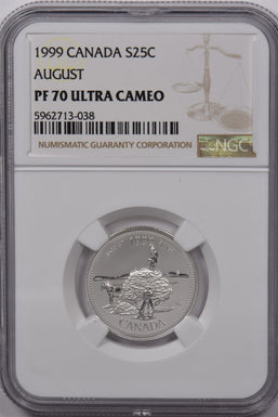 Canada 1999 25 Cents Silver NGC Proof 70 Ultra Cameo August Perfect 70 NG1601 co