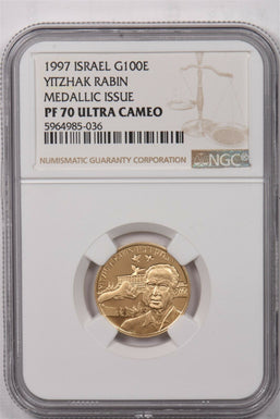 Israel 1997 100 Euro gold NGC Proof 70 Ultra Cameo 0.1oz gold. Yitzhak rabin. Me