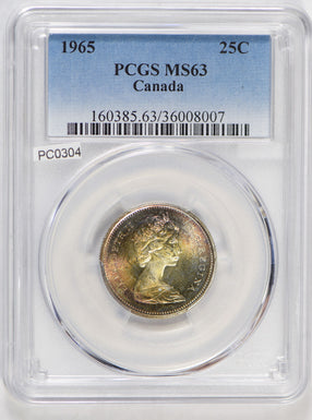 Canada 1965 25 Cents silver PCGS MS63 stunning blue golden toning PC0304 combine