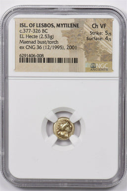 Isl. of Lesbos, Mytilene 377 -326 c. BC EL Hecte silver NGC CH VF 2.53g Maenad b