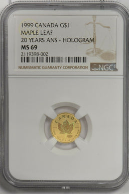 Canada 1999 Dollar gold NGC MS69 0.05oz gold. 500 minted. Maple leaf. 20 years a