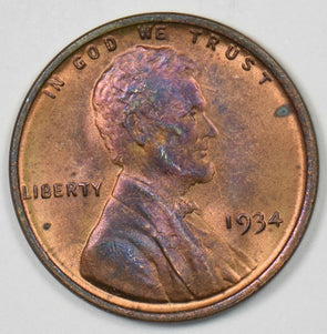 1934 Lincoln Wheat Cent Magenta Toning GEM BU RB U0430