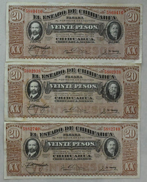 Mexico Chihuahua State 3-20 Pesos notes VF+ to CU RC0402 combine shipping