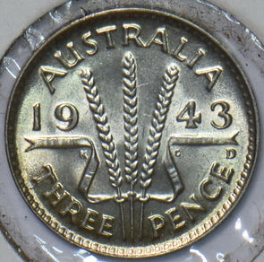 Australia 1943 D 3 Pence UNC 150812 combine shipping
