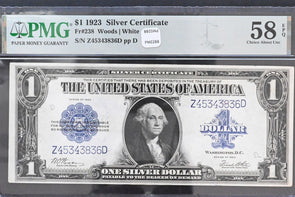 US 1923 $1 PMG Choice AU 58 EPQ Silver Certificates FR#238 Woods/White 2 Sequenc