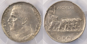 Italy 1925 R 50 Centesimi Lion animal PCGS MS 64 Plain Edge PC1359 combine shipp