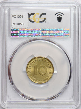 Germany 1938 A 10 Pfennig Eagle animal PCGS MS65 Third Reich. J-364 PC1059 combi