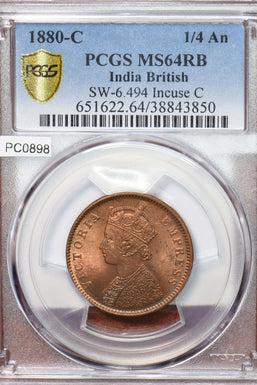 India British 1880 C 1/4 Anna PCGS MS64RB SW-6.494 Incuse C PC0898* combine ship