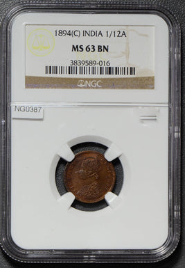 British India 1894 C 1/12 Anna NGC MS63BN Calcutta mint NG0387 combine shipping