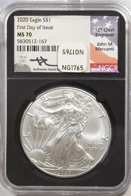 2020 Silver Eagle First Day Of Issue FDI Mercanti Signed NGC MS70 NG1765