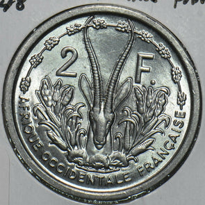 French Colonies 1948 2 Francs Gazelle animal Occidentale 297832 combine shipping