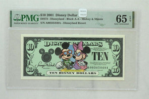 Disney Dollar 2001 $10 PMG Gem UNC 65EPQ DIS73. Mickey & Minnie. Disneyland Res