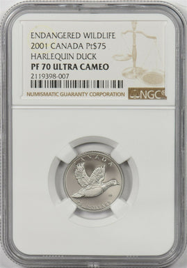 Canada 2001 75 Dollars platinum Harlequin duck animal NGC Proof 70 Ultra Cameo 0
