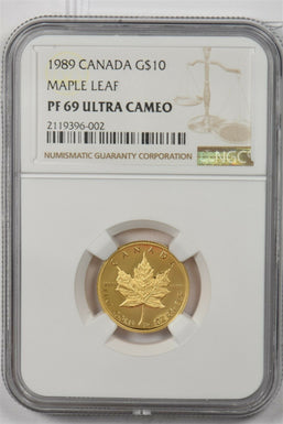 Canada 1989 10 Dollars gold NGC Proof 69 Ultra Cameo 0.25oz gold. Only 6998 mint