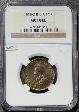 British India 1913 C 1/4 Anna NGC MS63BN nice purple toning! Calcutta min NG0393