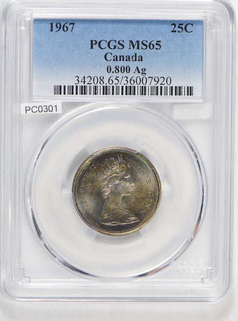 Canada 1967 25 Cents silver PCGS MS65 stunning blue golden toning PC0301 combine