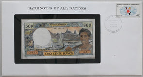 New Caledonia 1985 500 Francs note Bank of all nations. 41 Francs stamp canc. RC