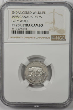 Canada 1998 75 Dollars platinum Grey wolf animal NGC Proof 70 Ultra Cameo 0.2497