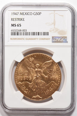 1947 Gold 50 Pesos Mexican AGW 1.2057oz RESTRIKE NGC MS65 NG1811